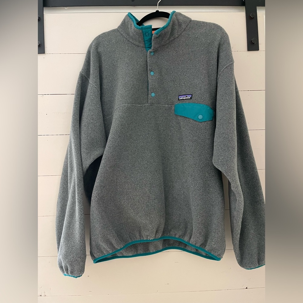 MENS GREY AND TEAL PATAGONIA FLEECE PULL OVER XL